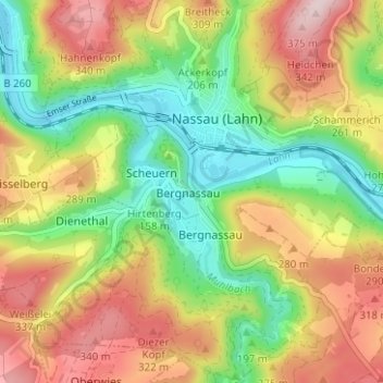 Topografische Karte Bergnassau-Scheuern, Höhe, Relief