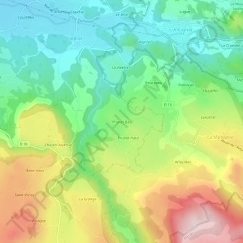 Topografische Karte Prunet Bas, Höhe, Relief