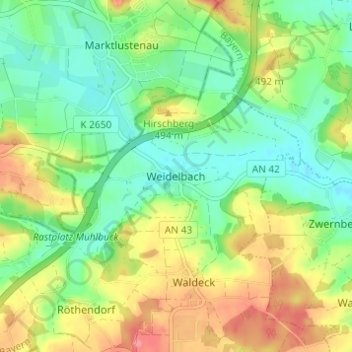 Topografische Karte Weidelbach, Höhe, Relief
