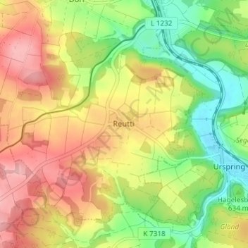 Topografische Karte Reutti, Höhe, Relief