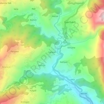 Topografische Karte Ganwali, Höhe, Relief