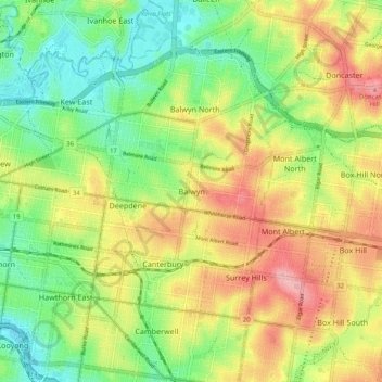 Topografische Karte Balwyn, Höhe, Relief
