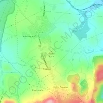 Topografische Karte Roche Rock, Höhe, Relief