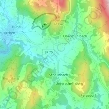 Topografische Karte Untermühlbach, Höhe, Relief