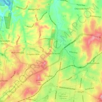 Topografische Karte Croydon North, Höhe, Relief