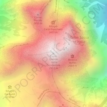 Topografische Karte Corno Grande - Vetta Occidentale, Höhe, Relief