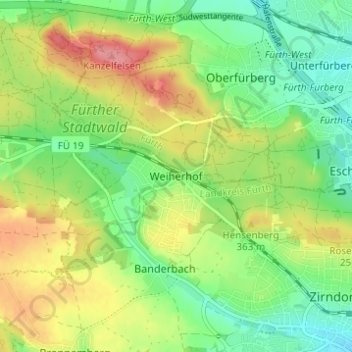 Topografische Karte Weiherhof, Höhe, Relief