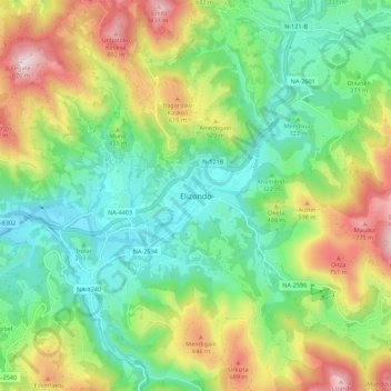 Topografische Karte Elizondo, Höhe, Relief