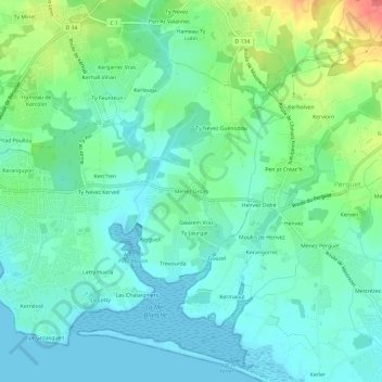 Topografische Karte Menez Groas, Höhe, Relief