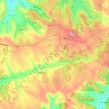 Topografische Karte Mourgues, Höhe, Relief