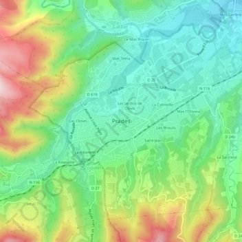 Topografische Karte Prades, Höhe, Relief