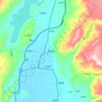 Topografische Karte 牛街乡, Höhe, Relief