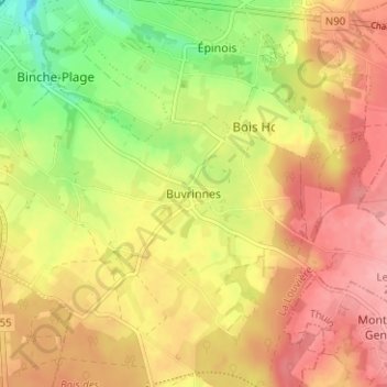 Topografische Karte Buvrinnes, Höhe, Relief