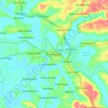 Topografische Karte Tirurangadi, Höhe, Relief