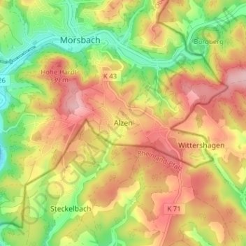 Topografische Karte Alzen, Höhe, Relief