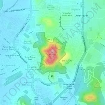 Topografische Karte Bukit Beruang, Höhe, Relief