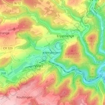 Topografische Karte Weidingen, Höhe, Relief