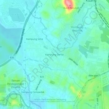 Topografische Karte Kampung Damai, Höhe, Relief