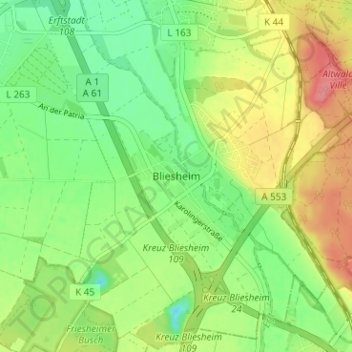 Topografische Karte Bliesheim, Höhe, Relief