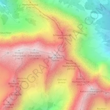 Topografische Karte Birkkarspitze, Höhe, Relief