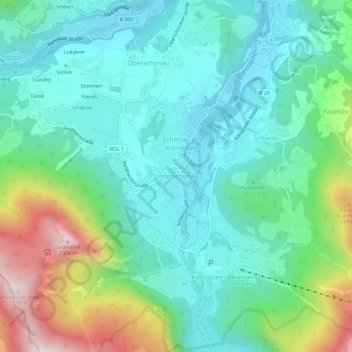 Topografische Karte Unterschönau, Höhe, Relief