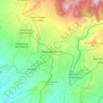 Topografische Karte Tetela del Volcán, Höhe, Relief