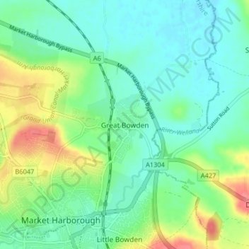 Topografische Karte Great Bowden, Höhe, Relief