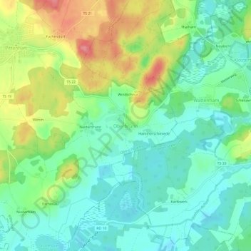 Topografische Karte Oberbrunn, Höhe, Relief