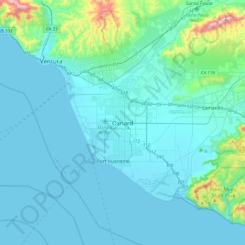 Topografische Karte Oxnard, Höhe, Relief