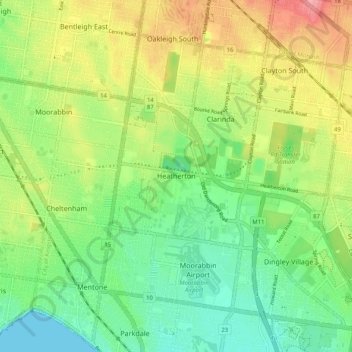 Topografische Karte Heatherton, Höhe, Relief