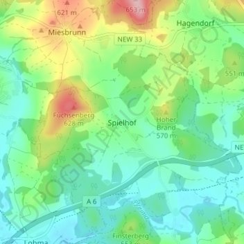 Topografische Karte Spielhof, Höhe, Relief