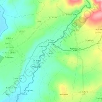 Topografische Karte Outeiro, Höhe, Relief
