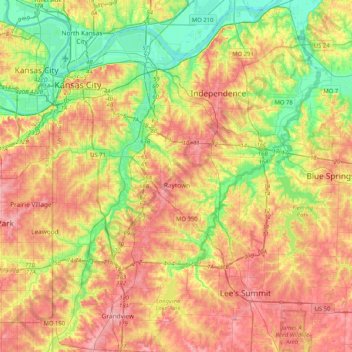 Topografische Karte Raytown, Höhe, Relief