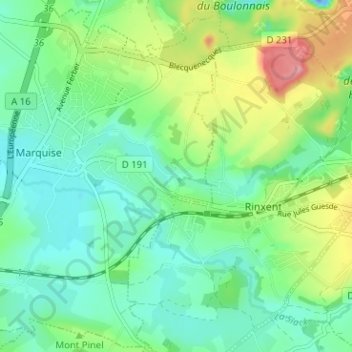 Topografische Karte Bouquinghem, Höhe, Relief