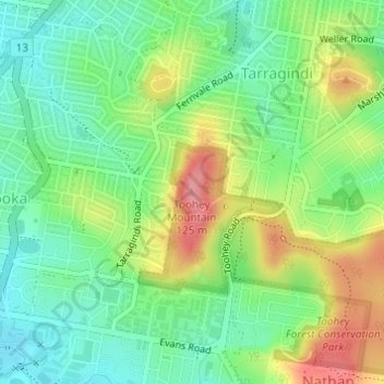 Topografische Karte Toohey Mountain, Höhe, Relief
