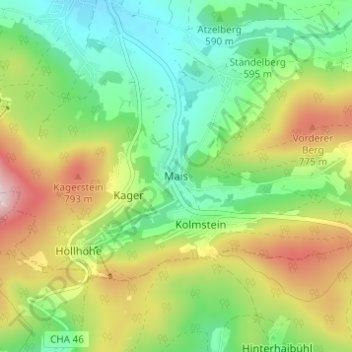 Topografische Karte Mais, Höhe, Relief