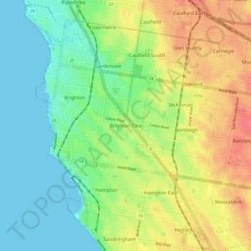 Topografische Karte Brighton East, Höhe, Relief