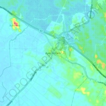 Topografische Karte Ayer Hitam, Höhe, Relief