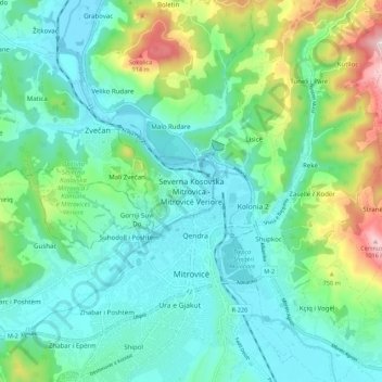 Topografische Karte North Mitrovica, Höhe, Relief