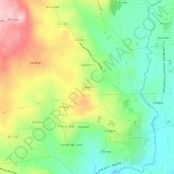 Topografische Karte Calvelo, Höhe, Relief