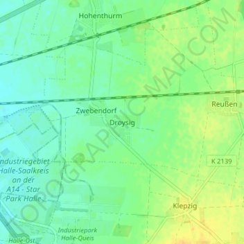 Topografische Karte Droysig, Höhe, Relief