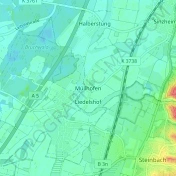 Topografische Karte Müllhofen, Höhe, Relief