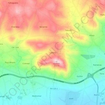 Topografische Karte Ladeira, Höhe, Relief