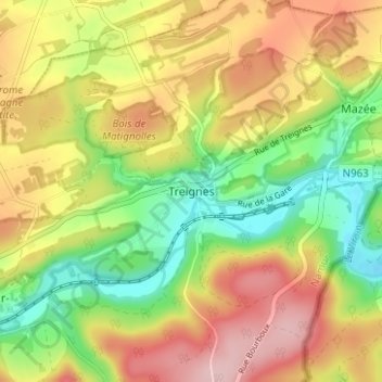 Topografische Karte Treignes, Höhe, Relief
