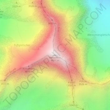 Topografische Karte Weissmies, Höhe, Relief