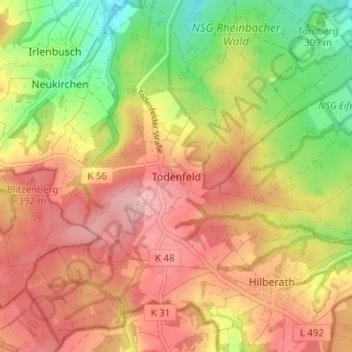 Topografische Karte Todenfeld, Höhe, Relief