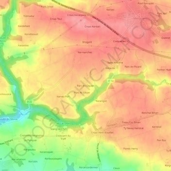 Topografische Karte Parc An Oguen, Höhe, Relief