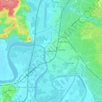 Topografische Karte Libourne, Höhe, Relief