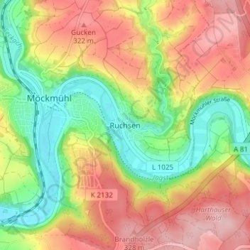 Topografische Karte Ruchsen, Höhe, Relief