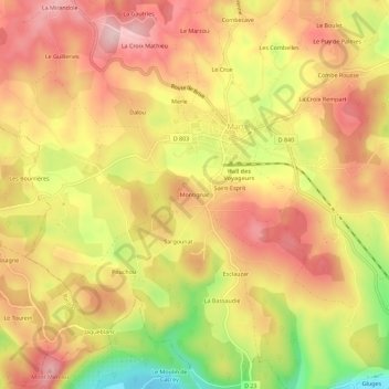 Topografische Karte Montignac, Höhe, Relief